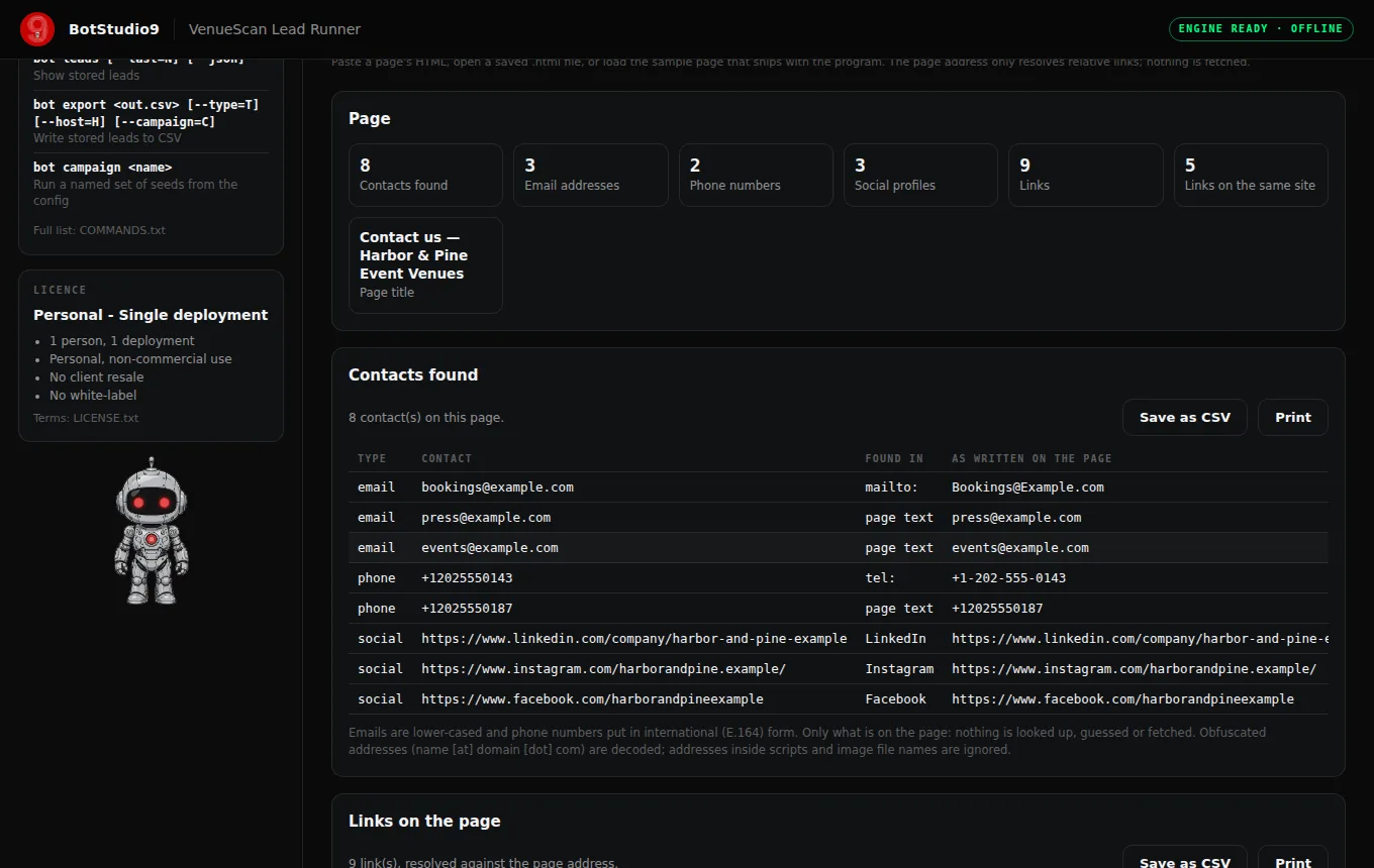 The same workspace after loading the sample contact page: 8 contacts (3 emails, 2 phones, 3 social profiles) and 9 links